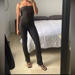 superdown Black Pinstripe Strapless Jumpsuit
